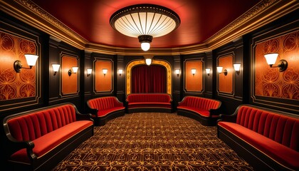 Vintage theater lobby with elegant red and gold art deco design