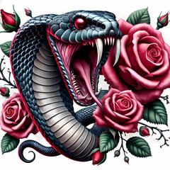 Obraz premium 3D Ai Digital illustration art rattlesnake tattoo logo design, Cobra snake, vibrant, deep pink roses with thorns, danger, scary and horror, t-shirt, stickers, print, Isolated on white background 