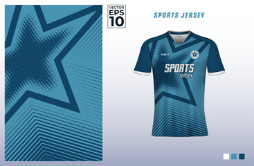 T-shirt sport jersey design template with star halftone and geometric line art pattern for gaming, e-sports, soccer, badminton, or volleyball. T shirt mockup for sport club. Vector Illustration