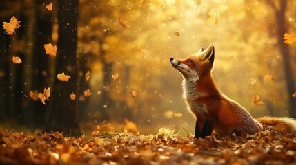 Fox looking up in falling autumn leaves.
