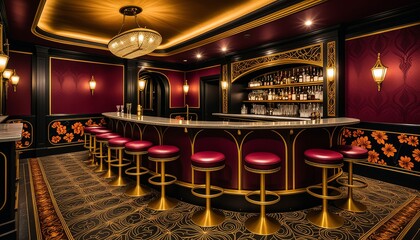 Elegant art deco bar interior with luxurious red and gold decor and ornate design elements