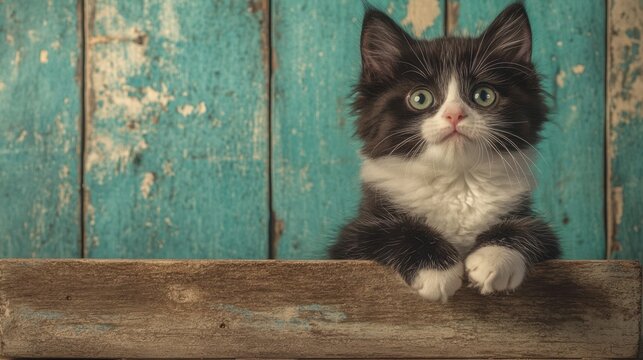 Curious black and white kitten peeking over rustic wooden plank against turquoise background