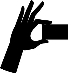 Silhouette of female hand holding a blank paper card isolated on white background