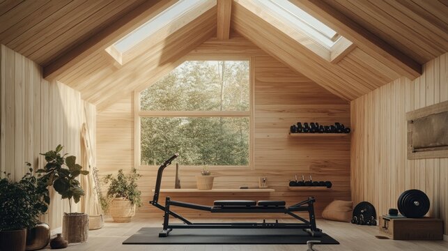 Wooden home gym with weights, rowing machine, plants.