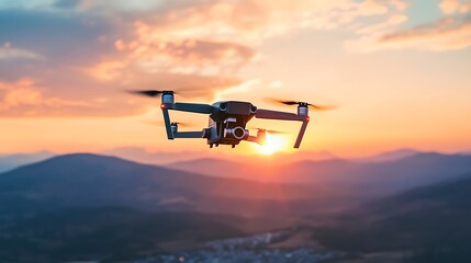 Drone in flight over mountains at sunset. Aerial photography, technology, nature.
