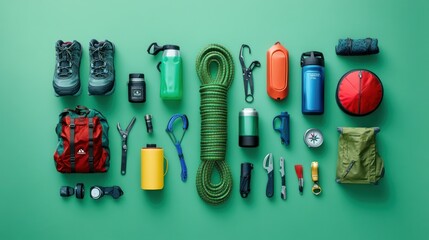Flat lay of hiking gear on green background.