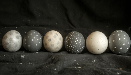 Six decorated Easter eggs in black, silver, and white with polka dots on a black cloth.