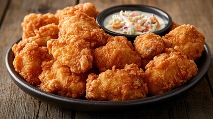 Fried chicken pieces with coleslaw on a rustic wooden table.