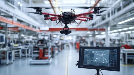 An overhead shot of a small drone navigating through an assembly plant showcasing its communication components and the clarity of its live feed displayed on a nearby monitor.