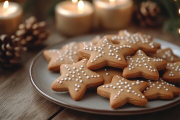 Fototapeta premium Festive star-shaped cookies with icing surrounded by candlelight and pinecones
