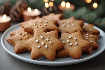 Festive star-shaped gingerbread cookies with white icing for holiday celebrations