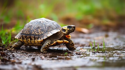 Fototapeta premium Tortoise walking in muddy terrain. Wildlife, nature, reptile.