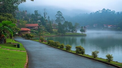 Fototapeta premium Foggy lake and road in forested mountain.