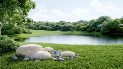 Naklejka premium Serene lakeside view with stones and lush greenery.