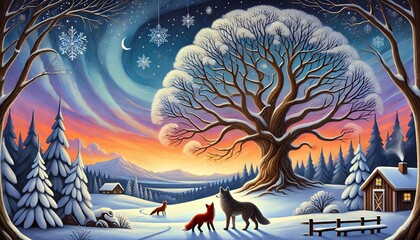 A Heartwarming Winter Sunset with a Majestic Tree, a Fox, and a Wolf under a Starry Sky