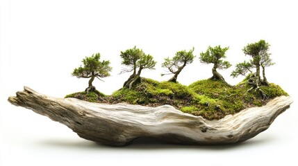 Five bonsai trees on driftwood.
