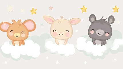 Obraz premium Cute cartoon animals on clouds with stars.