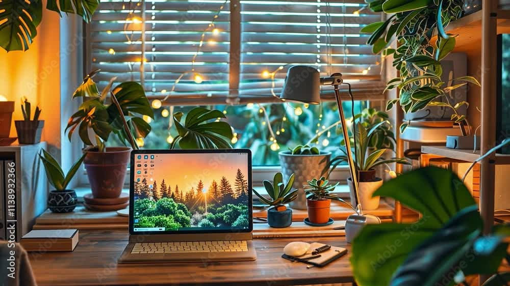Poster this calm workspace with plants and soft light fosters a serene environment for focus.