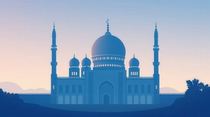 Fototapeta premium A mosque silhouette at dawn with soft blue tones, glowing peacefully in the morning light. Ideal for Islamic events.