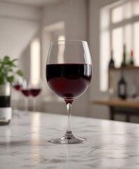 A single glass of red wine sits on a bright table,  cozy,  table,  simple
