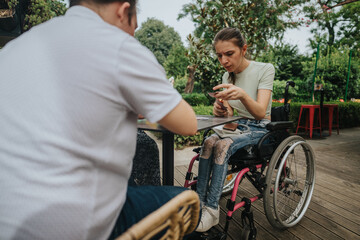 Fototapeta premium A young woman in a wheelchair is seated at a table in an outdoor cafe, engaged in a conversation with another person. The setting is friendly and inclusive.