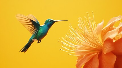 Obraz premium Hummingbird approaching flower, yellow background.