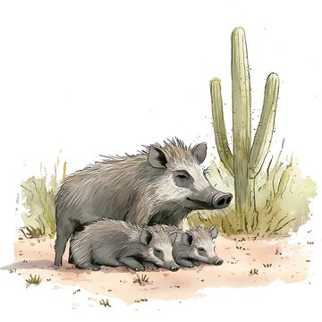 Watercolor painting of a mother collared peccary and her two piglets resting in a desert landscape with a saguaro cactus.