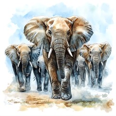 Fototapeta premium A majestic herd of African elephants walking together in a watercolor painting style.
