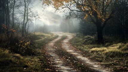 Misty Autumn Forest Path. Concept of solitude, tranquility, and nature.