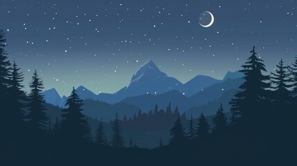Fototapeta premium Night mountain range silhouette under crescent moon and starry sky.