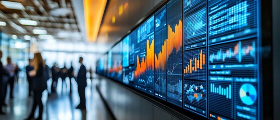 Stock market data displayed on large screens in office.