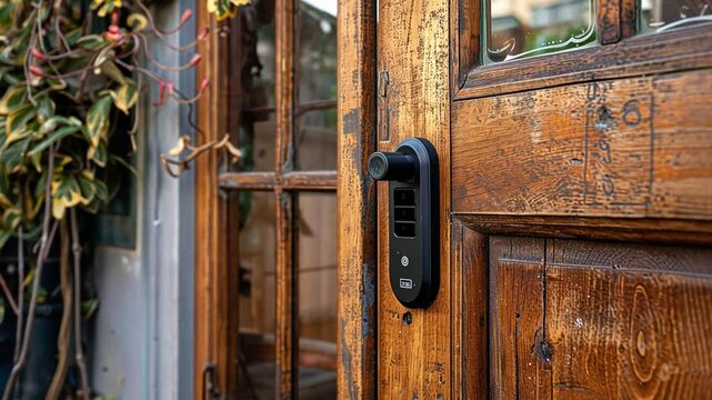 This smart lock mounted on a rustic wooden door, surrounded by vibrant green plants in a cozy setting.