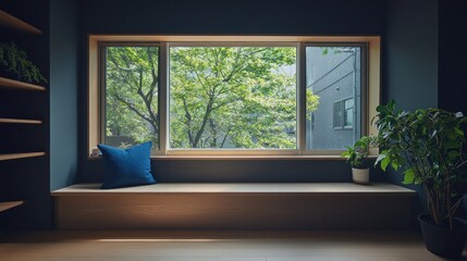 Fototapeta premium Window seat with plants and blue pillow in modern room.