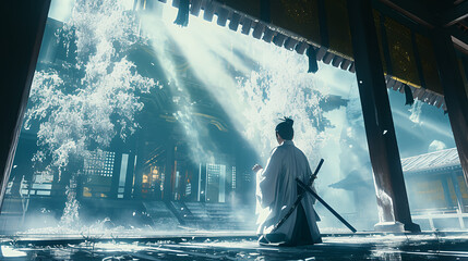 Fototapeta premium samurai, japan, japanese, ninja, katana, japanese sword, duel, art, scene, cool, emotion, sunset, beauty, war, battle, armor, warrior, snow, mt. fuji, cherry blossoms, clouds, mountain top, temple, 