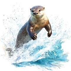 Obraz premium Majestic Otter Leaping from Ocean Waves in Watercolor Style.
