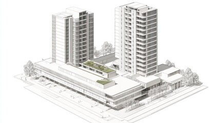 Architectural rendering of two high-rise apartment buildings with a shared courtyard.