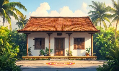 Tranquil tropical home with terracotta roof, surrounded by lush greenery and palm trees.