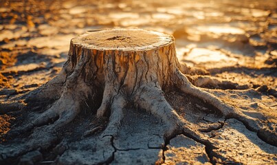 Tree stump on cracked dry ground at sunset.