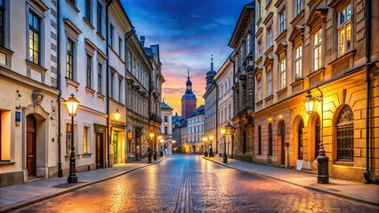 Naklejka premium Street in Cracow at dusk, cracow street, old town cracow, narrow streets poland, historic cityscape