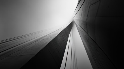 Abstract grayscale image of towering, converging structures.