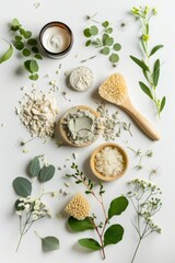 An array of spa products, including a facial mud mask and exfoliating cream