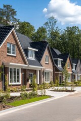 Modern Row of New Build Family Homes in Suburban Neighborhood. Residential Architecture