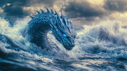 Obraz premium Blue serpent emerges from turbulent sea.