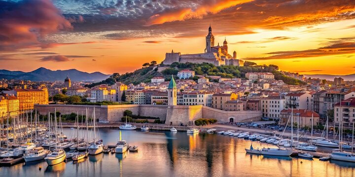 Marseille harbor at sunset with the Basilica of Notre-Dame de la Garde and the Frioul islands in the background