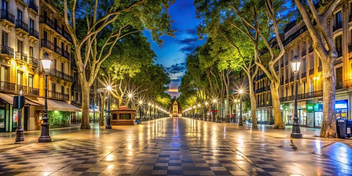 La Rambla street scene at night, la rambla, barcelon street, nightlife, evening atmosphere