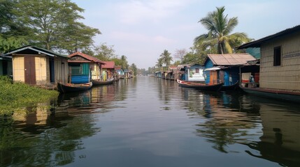 Obraz premium Calm water canal lined with houseboats on each side under a blue sky.