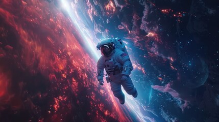 an astronaut floating in space, looking up at the earth with red and blue clouds