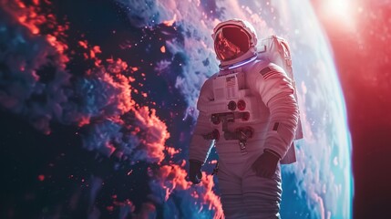 an astronaut floating in space, looking up at the earth with red and blue clouds