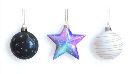 A stylish cut-out graphic of elegant holiday ornaments suspended, a gradient blue-to-purple metallic star with a sleek finish, complemented by a matte black orb with subtle silver rings and a glowing 