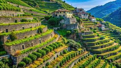 Vineyard rows winding up steep hillsides with rustic stone walls and terraced fields in Cinque Terre Italy, vineyards